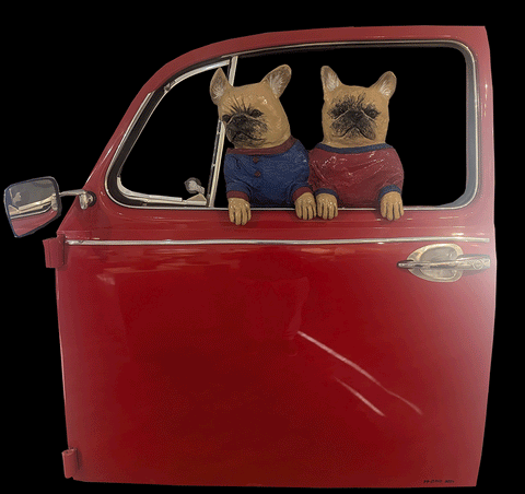 Two Frenchy's in a Red VW Door